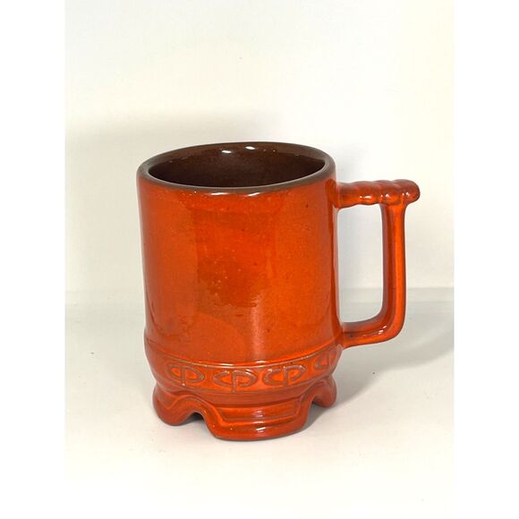 3 Red Blue Vintage Frankoma Mug Set Footed Ceramic Cups Coffee Tea Handle 1950 - Picture 3 of 9